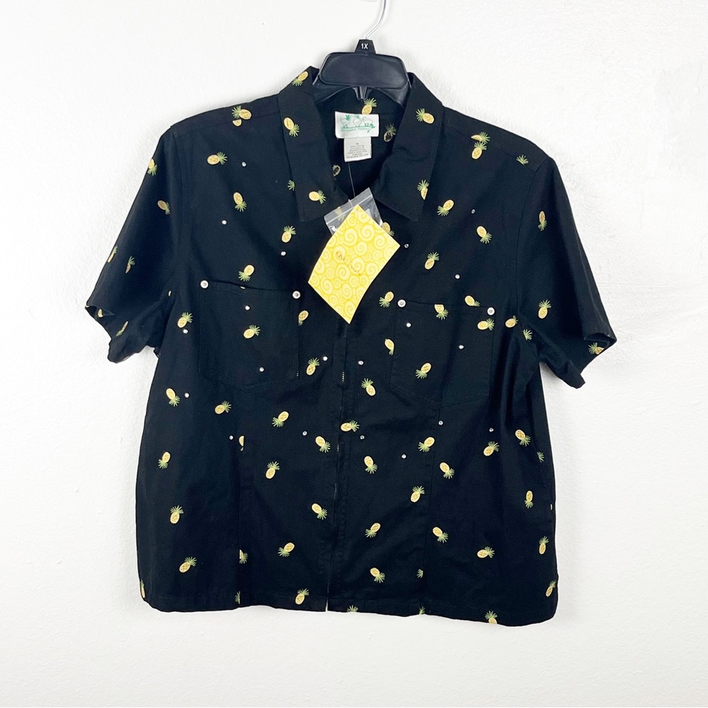 QUACKER FACTORY 100% Cotton Black Embroidered Pineapples Front Zip Shacket 1X